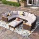 PHI VILLA Brown Rattan Wicker 9 Seat 9-Piece Steel Patio Outdoor Sectional Set with Beige Cushions