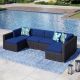 PHI VILLA Dark Brown 6 Seat 6-Piece Rattan Wicker Steel Patio Outdoor Sectional Set with Blue Cushions