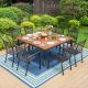 PHI VILLA Black 9-Piece Metal Outdoor Patio Dining Set with Wood Finish Slat Square Table and Fashion Stackable Chairs