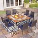 PHI VILLA Black 9-Piece Metal Square Patio Outdoor Dining Set with Wood Finish Table and Rattan Chair with Blue Cushion
