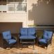 Pocassy Brown 4-Piece Wicker Outdoor Loveseat Set Patio Rattan Loveseat 2 Lounge Chairs and Coffee Table with Blue Cushions