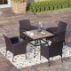 PHI VILLA Black 5-Pcs Metal Square Patio Outdoor Dining Set with Wood-Look Table and Rattan Chairs with Blue Cushion
