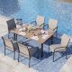 PHI VILLA Black 7-Piece Metal Outdoor Patio Dining Set with Wood Finish Rectangle Table and Brown Textilene Chairs