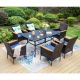 PHI VILLA Black 7-Piece Metal Rectangle Patio Outdoor Dining Set with Slat Table and Rattan Chairs with Blue Cushion