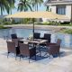 PHI VILLA Black 8-Piece Metal Patio Outdoor Dining Set with Rectangle Table, Umbrella and Rattan Chairs with Blue Cushion