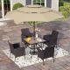 PHI VILLA Black 6-Piece Metal Patio Outdoor Dining Set with Wood-Look Square Table, Umbrella and Rattan Chairs with Blue Cushion