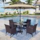 PHI VILLA Black 6-Piece Metal Patio Outdoor Dining Sets with Round Table, Beige Umbrella and Rattan Chairs with Blue Cushion