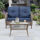 Gardenbee 2-Piece Wicker Outdoor Patio Loveseat Conversation Set with Blue Cushions and Coffee Table
