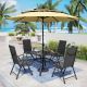 PHI VILLA 6-Piece Metal Patio Outdoor Dining Set with Black Folding Reclining Sling Chairs and Beige Umbrella