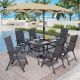 PHI VILLA 8-Piece Metal Patio Outdoor Dining Set with Umbrella and Black Folding Reclining Sling Chair