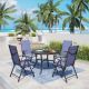 PHI VILLA 5-Piece Metal Patio Outdoor Dining Set with Round Table and Blue Reclining Folding Sling Chair