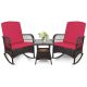 LeveLeve 3-Piece Outdoor Wicker Rocking Bistro Set Conversation Chairs PE Rocking Chairs Set with Red