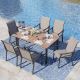 PHI VILLA Black 7-Piece Metal Outdoor Patio Dining Set with Wood-Look Rectangle Table and Textilene Chairs