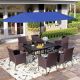PHI VILLA Black 8-Piece Metal Patio Outdoor Dining Set with Slat Table, Blue Umbrella and Rattan Chairs with Blue Cushion