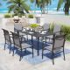PHI VILLA Black 7-Piece Metal Rectangle Patio Outdoor Dining Set with Slat Table and Gourd-Shaped Design Textilene Chairs