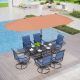 PHI VILLA Black 8-Piece Metal Patio Outdoor Dining Set with Rectangle Table, Red Umbrella and Padded Blue Textilene Swivel Chairs
