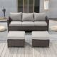 JOYESERY 3-Seater Patio Brown Wicker Sofa set with Ottomans, Linen Grey Cushion