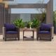 JOYESERY 3-Piece Brown Wicker Patio Bistro Set Outdoor Single Sofa Set with Side Table for Outdoor Lawn, Navy Blue Cushions