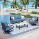 PHI VILLA Metal 5 Seat 4-Piece Steel Outdoor Patio Conversation Set with Swivel Chairs, Denim Blue Cushions, Marble Pattern Table