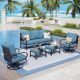 PHI VILLA Black 5-Piece Metal Slatted 7-Seat Outdoor Patio Conversation Set with Denim Blue Cushions, 2 Swivel Chairs, 2 Ottomans