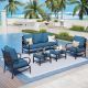 PHI VILLA Black 5-Piece Metal Slatted 7-Seat Outdoor Patio Conversation Set with Peacock Blue Cushions and 2 Ottomans
