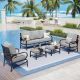 PHI VILLA Black 5-Piece Metal Slatted 7-Seat Outdoor Patio Conversation Set with Gray Cushions and 2 Ottomans