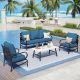 PHI VILLA Metal Slatted 5 Seat 4-Piece Outdoor Patio Conversation Set with Peacock Blue Cushions, Table With Marble Pattern Top
