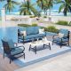 PHI VILLA Metal Slatted 5 Seat 4-Piece Outdoor Patio Conversation Set with Navy Blue Cushions, Table With Marble Pattern Top