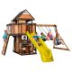 Backyard Discovery Canyon Creek All Cedar Swing Set Playset w/ Rockwall Upper Fort Belt Swing Web Swing Yellow Wave Slide, and Play Kitchen