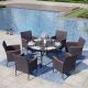 PHI VILLA Black 7-Piece Metal Patio Outdoor Dining Sets with Round Table and Rattan Chairs with Blue Cushion