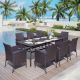 PHI VILLA Black 9-Piece Metal Patio Outdoor Dining Set with Extra-large Rectangle Table and Rattan Chairs with Blue Cushion
