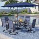 PHI VILLA Black 8-Piece Metal Rectangle Patio Outdoor Dining Set with Table, Umbrella and Textilene Swivel Chairs