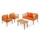 JONATHAN Y Thom 4-Piece Mid-Century Acacia Wood Outdoor Patio Set and Plaid Decorative Pillows, Orange/Teak Brown Cushions