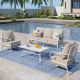 PHI VILLA White 4-Piece Metal Outdoor Patio Conversation Seating Set with Marbling Coffee Table and Beige Cushions