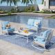 PHI VILLA White 4-Piece Metal Outdoor Patio Conversation Seating Set with Rocking Chairs, Marbling Coffee Table and blue Cushions