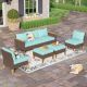 PHI VILLA Brown Rattan Wicker 7-Seat 7-Piece Steel Patio Outdoor Sectional Set with Blue Cushions