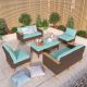 PHI VILLA Brown Rattan Wicker 8-Seat 8-Piece Steel Patio Outdoor Sectional Set with Blue Cushions