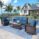 PHI VILLA Black 4-Pieces Metal Patio Conversation Sectional Seating Set with Swivel Sofa Chairs, Glass Top Table and Blue Cushions
