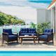 Unbranded 4-Piece Brown Wicker Outdoor Patio Conversation Seating Set with Blue Cushions and Wood Table and Legs