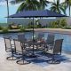 PHI VILLA Black 8-Piece Metal Rectangle Patio Outdoor Dining Set with Table, Umbrella and Textilene Swivel Chairs
