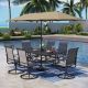 PHI VILLA Black 8-Piece Metal Rectangle Patio Outdoor Dining Set with Table, Umbrella and Textilene Swivel Chairs
