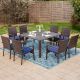 PHI VILLA Black 9-Piece Metal Patio Outdoor Dining Set with Cast Aluminum Slat Square Table and Rattan Chair with Blue Cushion