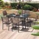 Nuu Garden Black 7-Piece Iron and Wicker Rectangle Outdoor Dining Set with 1.57 in. Umbrella Hole
