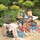 PHI VILLA Brown 3-Piece Cast Aluminum Outdoor Dining Set with Square Table and Swivel Chairs with Beige Cushions