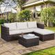 PARASOLAR Brown 5-Piece Wicker Outdoor Sectional Set with Beige Cushions and Tempered Glass Coffee Table
