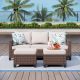 PHI VILLA Brown Rattan Wicker 5 Seat 3-Piece Steel Outdoor Patio Conversation Set with Beige Cushions and 2 Ottomans