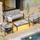 Bestier 4-Piece Aluminum Patio Conversation Set with Gray Cushions LED Coffee Table and Movable Side Pocket