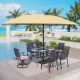 PHI VILLA 8-Piece Metal Patio Outdoor Dining Set with Swivel Chairs with Beige Cushions and 15 ft. Umbrella with Base
