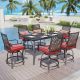 PHI VILLA 7-Piece Metal Rectangle Bar Height Outdoor Dining Set with Red Cushions