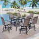 PHI VILLA 7-Piece Metal Bar Height Outdoor Dining Set with Rectangle Metal Table and Rattan Swivel Chairs with Gray Cushion